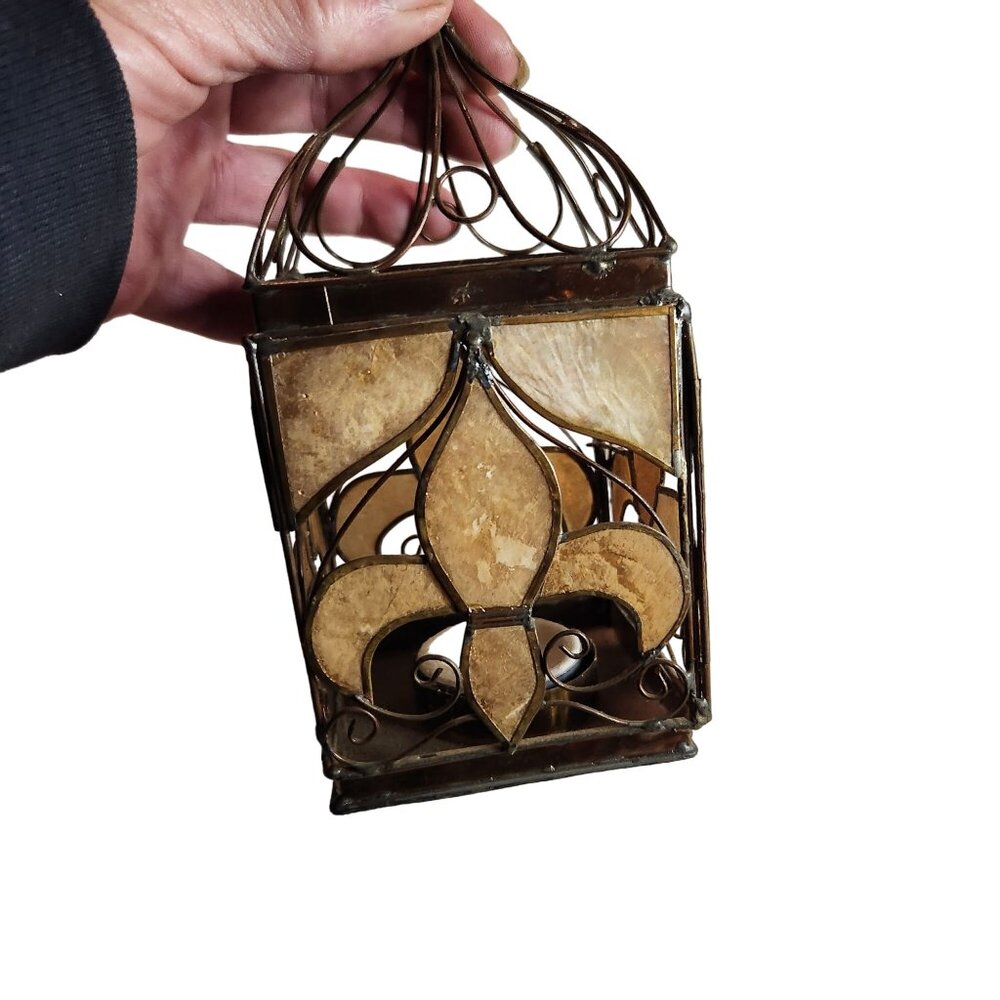 Antique Metal & Capiz Shell Lantern With Fleur-de-Lis Design